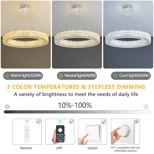 32 Inch Chandelier Glam Dimmable LED Crystal Chandeliers Luxury Round Pendant Lighting Fixtures for Dining Room Bedrooms Silver