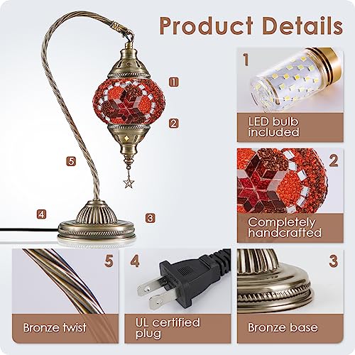 Turkish Moroccan Lamp with Bronze Base 3 Color Options Handmade Swan Neck Mosaic Glass Bedside Lamps for Bedroom