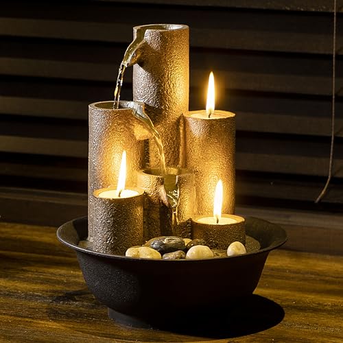 WCT202 Indoor Tabletop Tiered Water Fountain Featuring 3 Candles for Desktop and Table