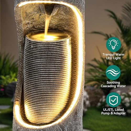 40" Outdoor Water Fountain with Birdfeeder and Innovative LED Strip