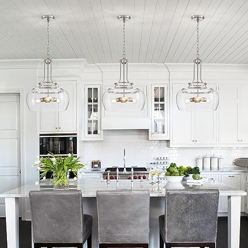 Chandelier Rustic Farmhouse Industrial Round Ceiling Pendant LED Light Fixture Clear Seeded Glass Shade for Dining Room Kitchen Island Foyer Entryway