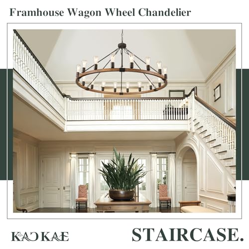 Farmhouse Wagon Wheel Chandelier 47" Oak Wood Chandelier Light Fixture 18