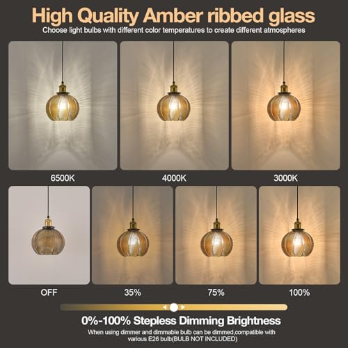 Vintage Amber Ribbed Glass Pendant Lights for Kitchen Island 2 Pack