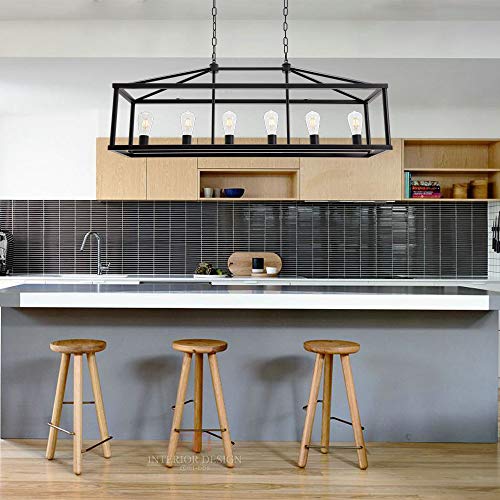 Modern Rectangle Chandelier 6 Light Black Industrial Vintage Kitchen Island Lighting Fixture Hanging Pendant Lamp Farmhouse Metal Cage Ceiling Light Fixtures for Living Room Dining Room Foyer