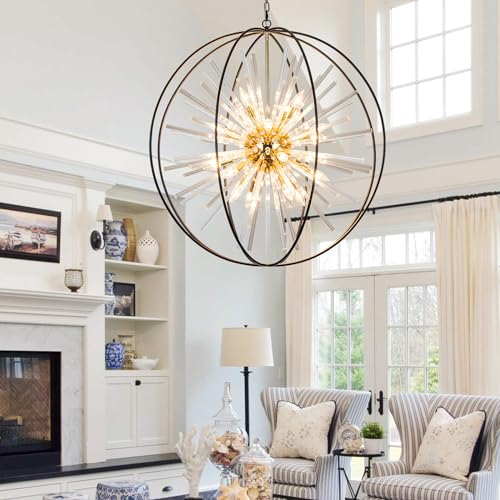 Modern Large Black and Gold Crystal Chandelier for Entryway High Ceiling