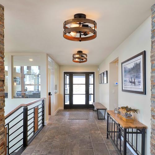 3 Light Rustic Farmhouse Wood Flush Mount Ceiling Light Fixture 12.59 inch Oak Wood and Metal Round Cage Semi Flush Mount Ceiling Light for Hallway Entry Bedroom Kitchen Hall Farmhouse