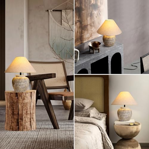 Farmhouse Table Lamp White Ceramic Lamps Rustic Clay Pot with Fabric Shade Decor for Living Room Bedroom House Bedside Nightstand Home Office