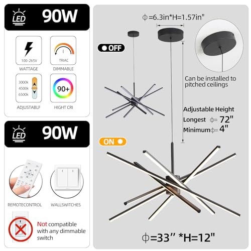 Black 33 inches Modern Sputnik Chandelier 90W LED Chandeliers
