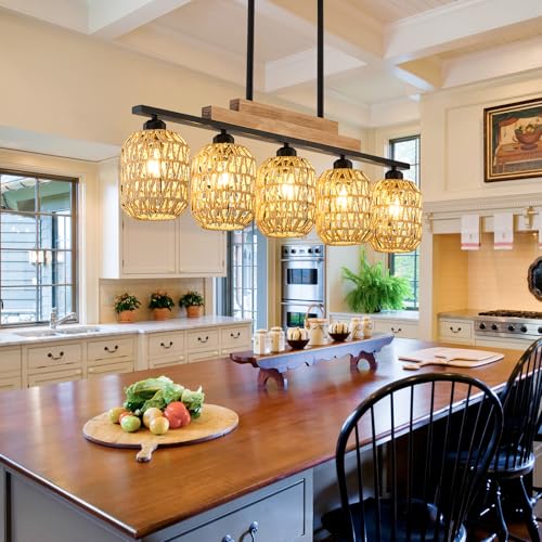 Dining Room Light Fixture 5 Light Large Rattan Kitchen Island Lighting with Boho Wicker Shade Chandelier Farmhouse Hanging Pendant Light for Living Room Bar Restaurant Bedroom