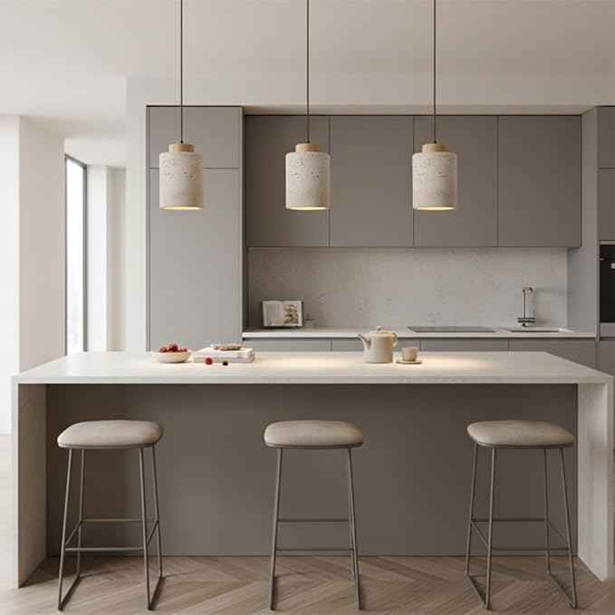 Set of 3 Japanese Travertine Hanging Lamps, Cylinder Natural Stone Pendant Lights Kitchen Island Adjustable Small Chandelier for Dining Room Bedside(Wood,11cm/4.33in)
