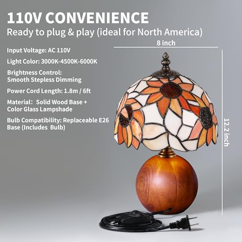 12.2" Retro Sunflower Tiffany Small Table Lamp with Wood Base
