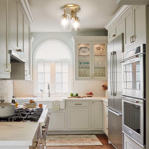 3 Lights Semi Flush Mount Ceiling Light Fixture Gold for Kitchen (3 Count)