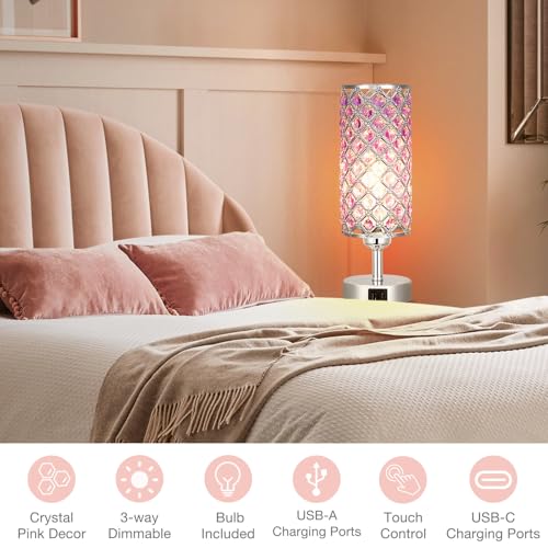 Purple Crystal Table Lamp with USB C+A 3
