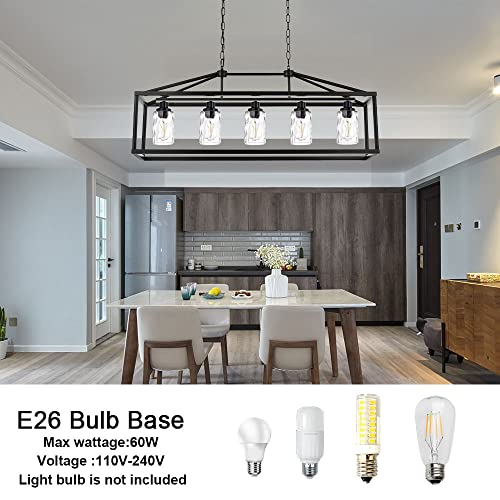 Black Farmhouse Chandeliers Rectangle 5 Light Modern Kitchen Island Pendant Light with Clear Water Glass Industrial Linear Dining Room Lighting Fixture Hanging Flush Mount Ceiling Lights