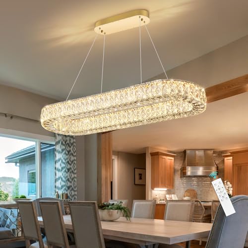 Oval Crystal Gold Chandelier Modern Dimmable LED Chandeliers for Dining Room Rectangular Light Fixture with Remote for Living Room Kitchen Light