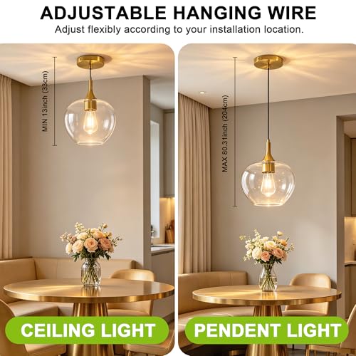 9.45in Gold Pendant Lights Kitchen Island with Clear Glass Shade 2Pack