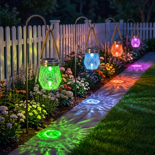 6 Pack Solar Crack Glass Jar Lantern Outdoor Waterproof Hang Colorful Clear (6 Count)