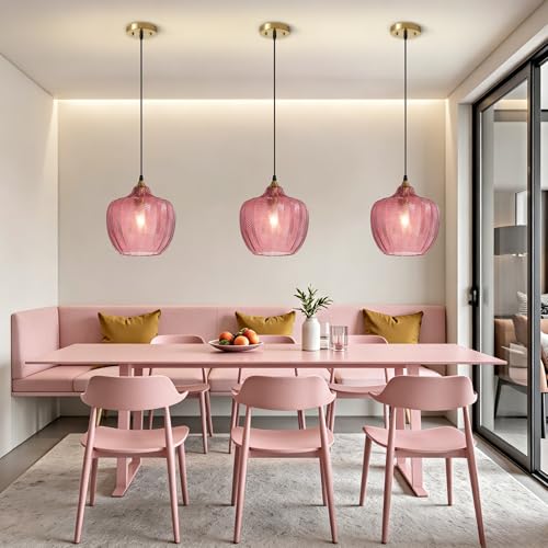 Pink Glass Pendant Lights Kitchen Island Gold Hanging Ceiling Light 9.45"