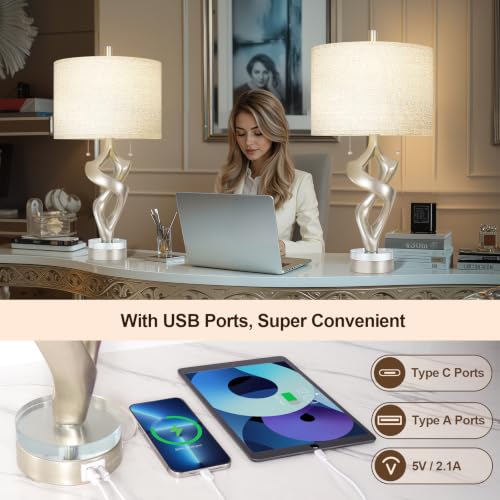 Silver Leaf 26” Tall Table Lamp Set of 2 for Bedroom Living Room (2 Count)