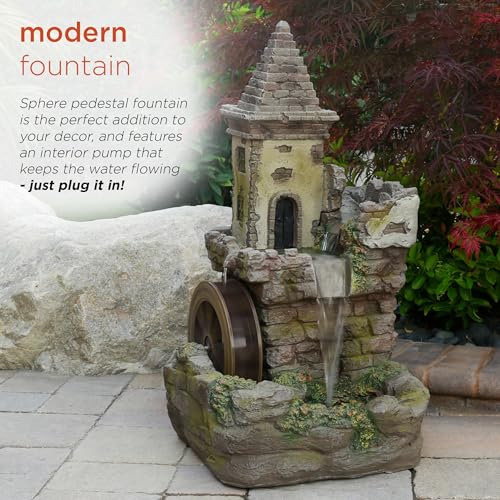 USA1164 Outdoor Floor Tiered Fairy Castle Waterwheel Water Fountain with Realistic Stone Look