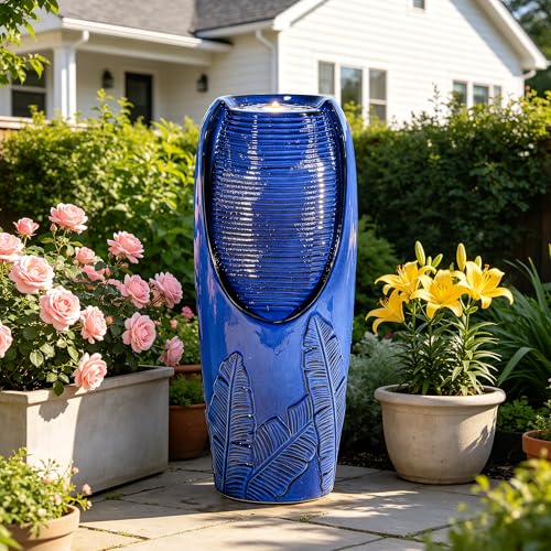 Autodaya 33" H Ceramic Jar Outdoor Water Fountain with Lights