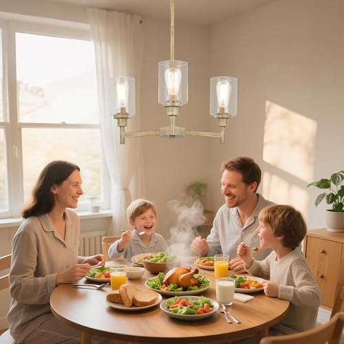 3 Light Fake Wood Rustic Chandeliers for Dining Room with Clear Glass Cover