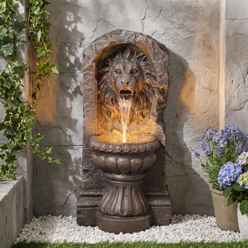 30" Outdoor Fountain LED Stone Cascading Waterfall with Lion Head