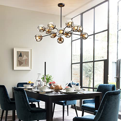 12 Light Mid Century Modern Black and Gold Glass Globe Sputnik Chandelier