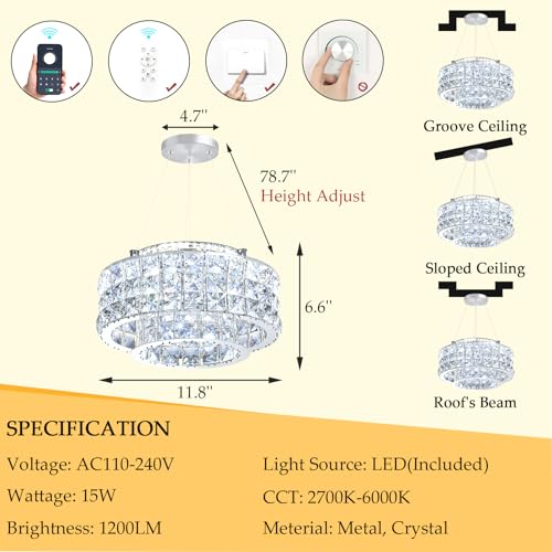 LED Chandeliers for Dining Room LED Dimmable Pendant Lights for Kitchen Island Crystal Adjustable Chandelier for Bedroom Hallway Entrance 12" Silver Light