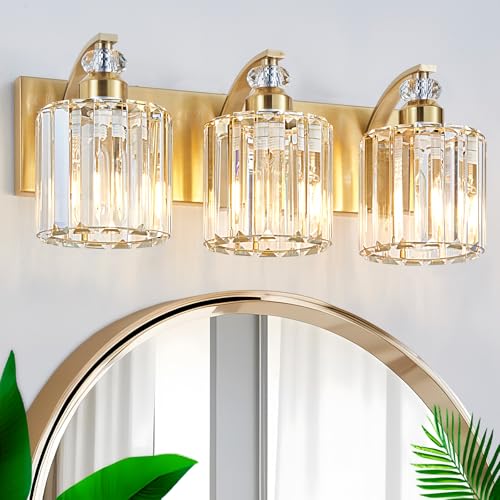 3 Lights Brushed Brass Bathroom Light Fixture Gold Vanity Lights Modern Crystal Bathroom Vanity Lighting Over Mirror Wall Sconce with K9 Crystal Shade E26 Base for Living Room