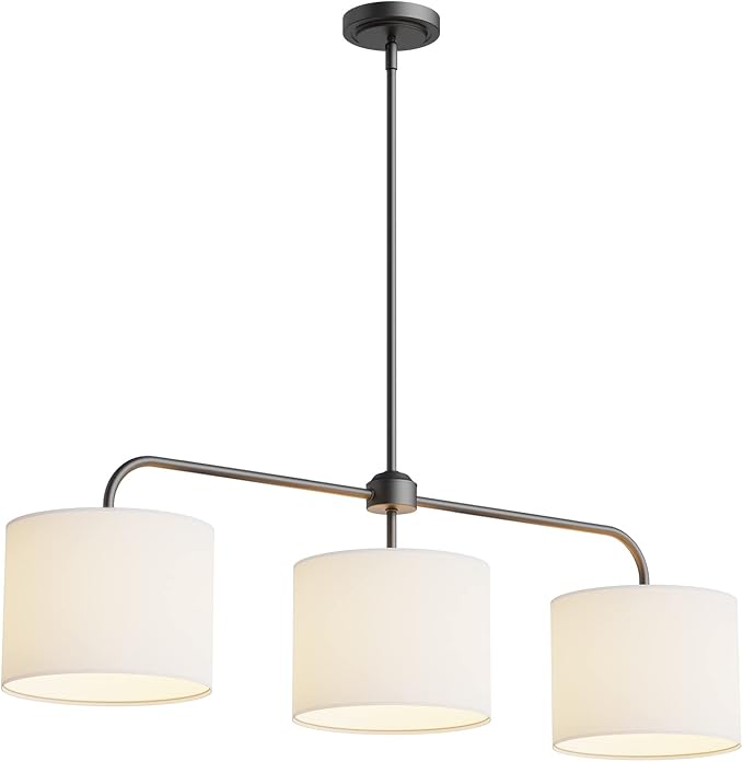 Electro bp;40" W 3-Light White Linen Drum Shade Chandelier with Black Metal Linear Pendant Light Fixture for Kitchen Island,Dining Table,E26,180W;