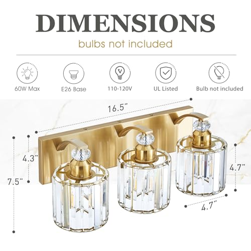 3 Lights Brushed Brass Bathroom Light Fixture Gold Vanity Lights Modern Crystal Bathroom Vanity Lighting Over Mirror Wall Sconce with K9 Crystal Shade E26 Base for Living Room
