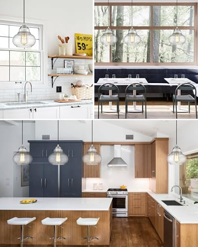 8 Inch Bubble Glass Pendant Light Industrial Kitchen Island Globe Hanging Pendant Light Fxiture Modern Hand Blown Seeded Glass for Farmhouse Dining Room Bar Bedroom Living Room Brushed Nickel