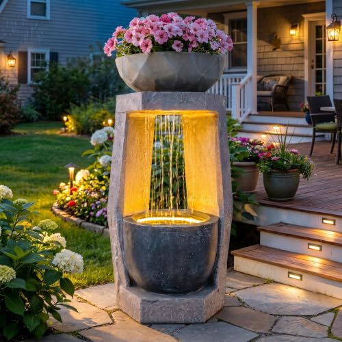 32" Geometric Outdoor Water Fountain with Birdfeeder