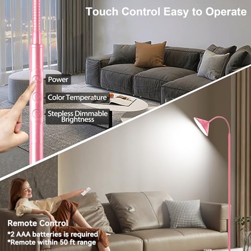 Floor Lamp 18W Upgraded Bright LED Floor Lamps for Living Room Bedroom with Gooseneck Stepless Dimming & Color 76inch Tall Standing Lamp with Remote & Touch Control Work with Smart Plug (Pink-76inch)