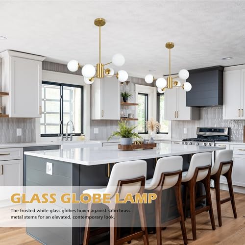 6 Light Globe Sputnik Chandelier Milk Glass Modern Gold Chandelier Light Fixture Mid Century Sputnik Chandeliers Pendant Light Frosted Globe Adjustable Hanging Ceiling Light for Entryway (6 Count)