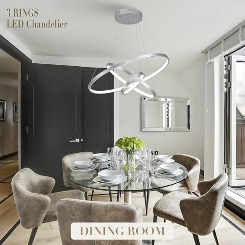 Modern Silver LED Chandeliers 3 Rings Chandelier 23.6" Dimmable LED Pendant Light Fixture Remote Control Contemporary Flush Mount Chandelier for Dining Room Bedroom Foyer