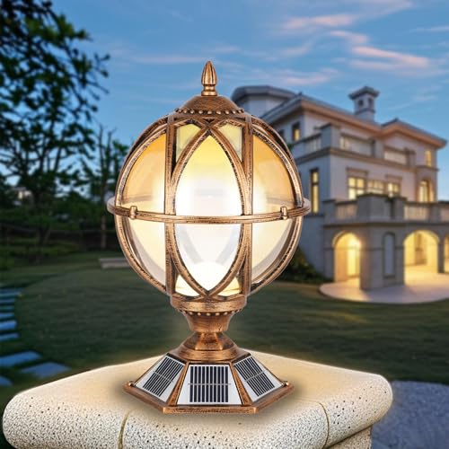 17.7 Inch Solar Powered Outdoor Pillar Lights with Amber Glass Post Lights