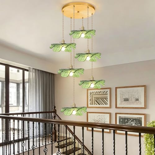 Long High Ceiling Chandelier with Green Blown Flower Glass Shade Vintage Flush Mount Ceiling Hanging light Gold brass pendant light 5 light Ceiling Chandeliers for Staircase Foyer Entryway Living