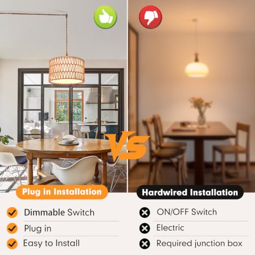 Rattan Plug in Pendant Boho Hanging Lamp with Dimmer Switch Woven Light Fixture Small Chandelier Ceiling Light with Plug in Cord for Bedroom Living Room Kitchen Island