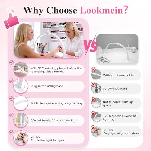Half Moon Light for Nail Desk with Phone Holder 29" Foldable LED Nail Tech Light 3 Color Modes & 10 Brightness Half Moon Lamp for Manicure Table