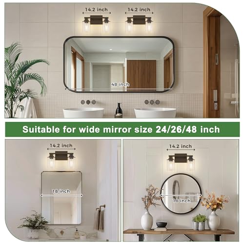 2 Light Black Bathroom Light Fixtures Over Mirror with Clear Glass Shade