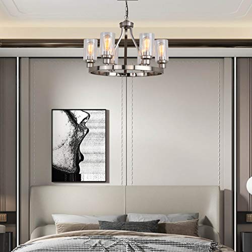 Dining Room Lighting Fixtures Hanging Brushed Nickel Kitchen Modern Chandelier Over Tables 6 Light with Glass Pendant Light for Dining Room Living Bedroom