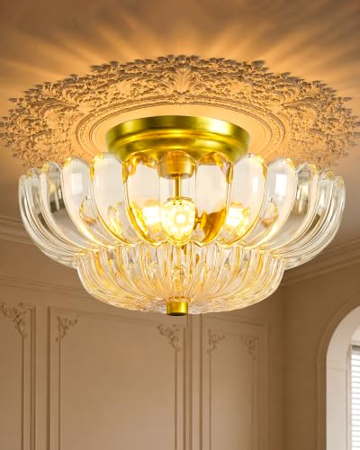Semi Flush Mount Ceiling Light Fixture 11.8" Vinatge Gold Ceiling Lights Mid Century Modern Clear Glass Close to Ceiling Lighting Fixtures for Bedroom Hallway Foyer Bathroom Kitchen Entryway (3 Count)