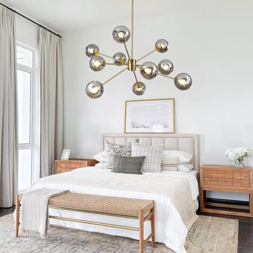 10 Lights Mid Century Modern Large Smoke Grey Sputnik Chandelier Brushed Gold Globe Sputnik Light Fixture Nordic Hanging Ball Chandelier Vintage Minimalist Brass Pendant Lights Kitchen Island