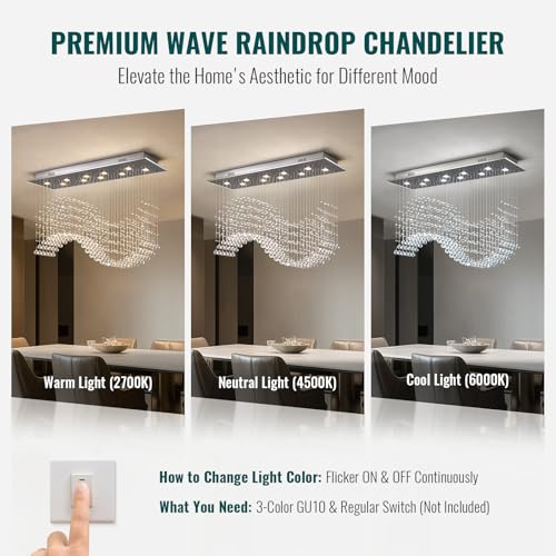 Modern Wave Crystal Chandelier for Dining Room 10 Lights Luxury Rectangular Flush Mount Crystal Ceiling Light for Living Room Kitchen Island Length 40 Inch