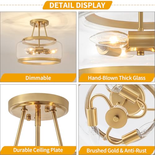 Brushed Gold Semi Flush Mount Ceiling Light Modern Glass Light Fixtures
