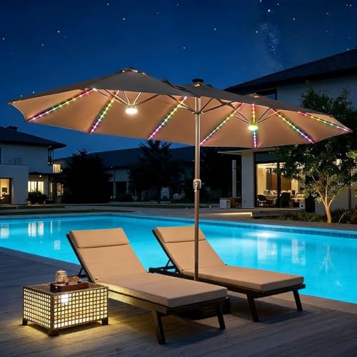 15 ft Large Patio Umbrella with Color Changing Lights
