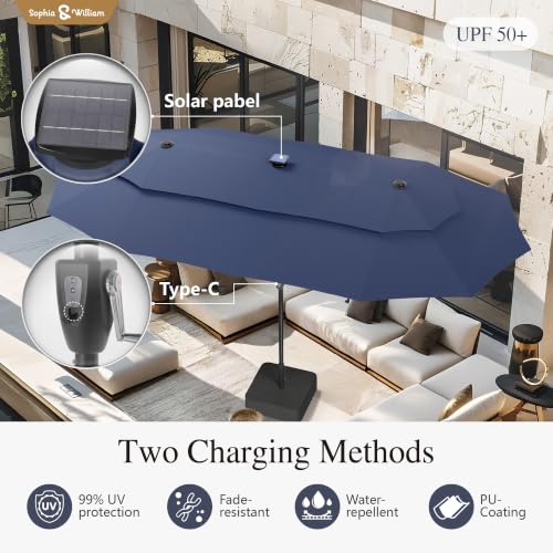 13ft 2 Tier Patio Umbrella with Solar Lights&Base