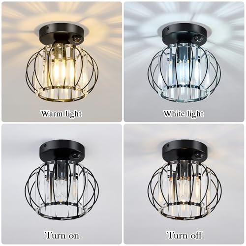 Indoor Motion Sensor Ceiling Light Fixture Modern Cryatal Semi Flush Mount Ceiling Light Black Ovrehead Light Fixture for Porch Hallway Front Entryway Kitchen Hall Garage